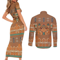 Terracotta Batik Papua-inspired Pattern Couples Matching Short Sleeve Bodycon Dress and Long Sleeve Button Shirt LT9 - Polynesian Pride