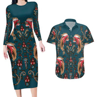 Dark Cyan Blue Bird of Batik Papua Couples Matching Long Sleeve Bodycon Dress and Hawaiian Shirt Exotic Natural Wealth of Papua - Polynesian Pride