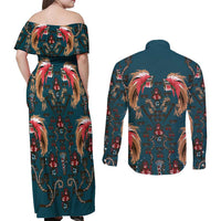 Dark Cyan Blue Bird of Batik Papua Couples Matching Off Shoulder Maxi Dress and Long Sleeve Button Shirt Exotic Natural Wealth of Papua - Polynesian Pride