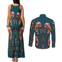Dark Cyan Blue Bird of Batik Papua Couples Matching Tank Maxi Dress and Long Sleeve Button Shirt Exotic Natural Wealth of Papua - Polynesian Pride
