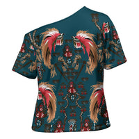 Dark Cyan Blue Bird of Batik Papua Cross Shoulder Shirt Exotic Natural Wealth of Papua - Polynesian Pride