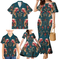 Dark Cyan Blue Bird of Batik Papua Family Matching Mermaid Dress and Hawaiian Shirt Exotic Natural Wealth of Papua - Polynesian Pride