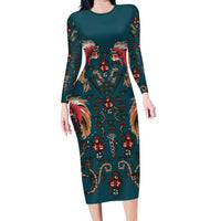 Dark Cyan Blue Bird of Batik Papua Long Sleeve Bodycon Dress Exotic Natural Wealth of Papua - Polynesian Pride