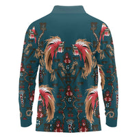 Dark Cyan Blue Bird of Batik Papua Long Sleeve Polo Shirt Exotic Natural Wealth of Papua - Polynesian Pride