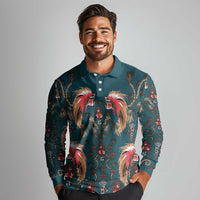 Dark Cyan Blue Bird of Batik Papua Long Sleeve Polo Shirt Exotic Natural Wealth of Papua - Polynesian Pride