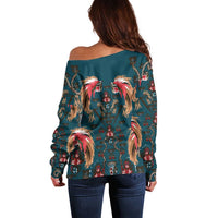 Dark Cyan Blue Bird of Batik Papua Off Shoulder Sweater Exotic Natural Wealth of Papua - Polynesian Pride