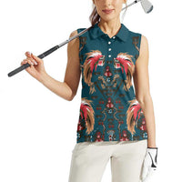 Dark Cyan Blue Bird of Batik Papua Women Sleeveless Polo Shirt Exotic Natural Wealth of Papua - Polynesian Pride