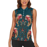 Dark Cyan Blue Bird of Batik Papua Women Sleeveless Polo Shirt Exotic Natural Wealth of Papua - Polynesian Pride