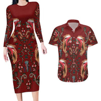 Oxblood Bird of Batik Papua Couples Matching Long Sleeve Bodycon Dress and Hawaiian Shirt Exotic Natural Wealth of Papua - Polynesian Pride
