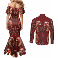 Oxblood Bird of Batik Papua Couples Matching Mermaid Dress and Long Sleeve Button Shirt Exotic Natural Wealth of Papua - Polynesian Pride