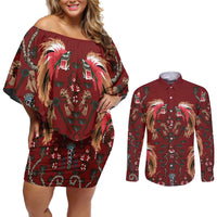 Oxblood Bird of Batik Papua Couples Matching Off Shoulder Short Dress and Long Sleeve Button Shirt Exotic Natural Wealth of Papua - Polynesian Pride