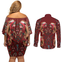 Oxblood Bird of Batik Papua Couples Matching Off Shoulder Short Dress and Long Sleeve Button Shirt Exotic Natural Wealth of Papua - Polynesian Pride