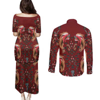 Oxblood Bird of Batik Papua Couples Matching Puletasi and Long Sleeve Button Shirt Exotic Natural Wealth of Papua - Polynesian Pride