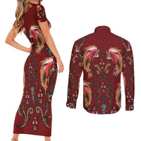 Oxblood Bird of Batik Papua Couples Matching Short Sleeve Bodycon Dress and Long Sleeve Button Shirt Exotic Natural Wealth of Papua - Polynesian Pride