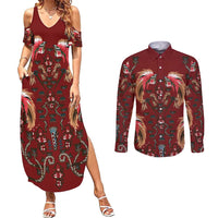 Oxblood Bird of Batik Papua Couples Matching Summer Maxi Dress and Long Sleeve Button Shirt Exotic Natural Wealth of Papua - Polynesian Pride