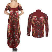 Oxblood Bird of Batik Papua Couples Matching Summer Maxi Dress and Long Sleeve Button Shirt Exotic Natural Wealth of Papua - Polynesian Pride