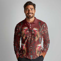 Oxblood Bird of Batik Papua Long Sleeve Polo Shirt Exotic Natural Wealth of Papua - Polynesian Pride