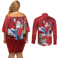 Funny Santa Riding Shark Couples Matching Off Shoulder Short Dress and Long Sleeve Button Shirt Polynesian Tribal Christmas Spirit - Polynesian Pride