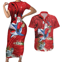 Funny Santa Riding Shark Couples Matching Short Sleeve Bodycon Dress and Hawaiian Shirt Polynesian Tribal Christmas Spirit - Polynesian Pride