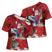 Funny Santa Riding Shark Cross Shoulder Shirt Polynesian Tribal Christmas Spirit - Polynesian Pride