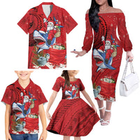Funny Santa Riding Shark Family Matching Off The Shoulder Long Sleeve Dress and Hawaiian Shirt Polynesian Tribal Christmas Spirit - Polynesian Pride