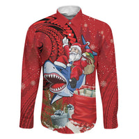 Funny Santa Riding Shark Family Matching Off The Shoulder Long Sleeve Dress and Hawaiian Shirt Polynesian Tribal Christmas Spirit - Polynesian Pride