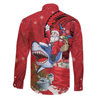 Funny Santa Riding Shark Family Matching Off Shoulder Short Dress and Hawaiian Shirt Polynesian Tribal Christmas Spirit - Polynesian Pride