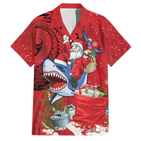 Funny Santa Riding Shark Family Matching Short Sleeve Bodycon Dress and Hawaiian Shirt Polynesian Tribal Christmas Spirit - Polynesian Pride