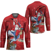 Funny Santa Riding Shark Hockey Jersey Polynesian Tribal Christmas Spirit - Polynesian Pride