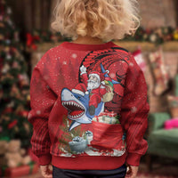 Funny Santa Riding Shark Kid Ugly Christmas Sweater Polynesian Tribal Christmas Spirit - Polynesian Pride