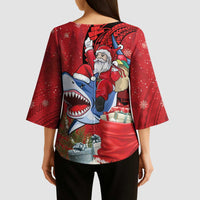 Funny Santa Riding Shark Kimono Sleeve Blouse Polynesian Tribal Christmas Spirit - Polynesian Pride
