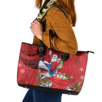 Funny Santa Riding Shark Leather Tote Bag Polynesian Tribal Christmas Spirit LT9 Red - Polynesian Pride