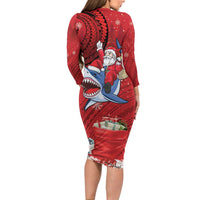 Funny Santa Riding Shark Long Sleeve Bodycon Dress Polynesian Tribal Christmas Spirit - Polynesian Pride