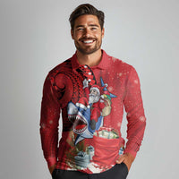Funny Santa Riding Shark Long Sleeve Polo Shirt Polynesian Tribal Christmas Spirit - Polynesian Pride
