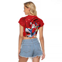 Funny Santa Riding Shark Raglan Cropped T Shirt Polynesian Tribal Christmas Spirit LT9 - Polynesian Pride