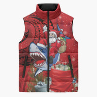 Funny Santa Riding Shark Sleeveless Puffer Jacket Polynesian Tribal Christmas Spirit - Polynesian Pride