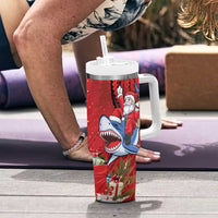 Funny Santa Riding Shark Tumbler With Handle Polynesian Tribal Christmas Spirit - Polynesian Pride