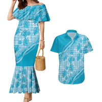 Hawaii Breadfruit Palaka Couples Matching Mermaid Dress and Hawaiian Shirt Polu Maile Lei LT9 Blue - Polynesian Pride
