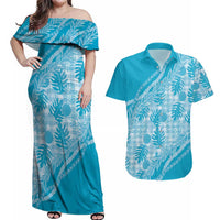 Hawaii Breadfruit Palaka Couples Matching Off Shoulder Maxi Dress and Hawaiian Shirt Polu Maile Lei LT9 Blue - Polynesian Pride