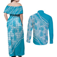 Hawaii Breadfruit Palaka Couples Matching Off Shoulder Maxi Dress and Long Sleeve Button Shirt Polu Maile Lei - Polynesian Pride