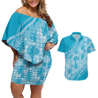 Hawaii Breadfruit Palaka Couples Matching Off Shoulder Short Dress and Hawaiian Shirt Polu Maile Lei LT9 Blue - Polynesian Pride