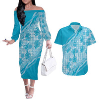 Hawaii Breadfruit Palaka Couples Matching Off The Shoulder Long Sleeve Dress and Hawaiian Shirt Polu Maile Lei LT9 Blue - Polynesian Pride