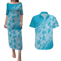 Hawaii Breadfruit Palaka Couples Matching Puletasi and Hawaiian Shirt Polu Maile Lei LT9 Blue - Polynesian Pride