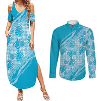 Hawaii Breadfruit Palaka Couples Matching Summer Maxi Dress and Long Sleeve Button Shirt Polu Maile Lei LT9 Blue - Polynesian Pride