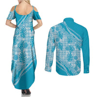 Hawaii Breadfruit Palaka Couples Matching Summer Maxi Dress and Long Sleeve Button Shirt Polu Maile Lei LT9 - Polynesian Pride