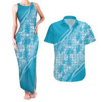Hawaii Breadfruit Palaka Couples Matching Tank Maxi Dress and Hawaiian Shirt Polu Maile Lei LT9 Blue - Polynesian Pride