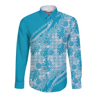 Hawaii Breadfruit Palaka Long Sleeve Button Shirt Polu Maile Lei LT9 Unisex Blue - Polynesian Pride