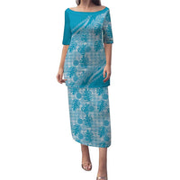 Hawaii Breadfruit Palaka Puletasi Polu Maile Lei LT9 Long Dress Blue - Polynesian Pride