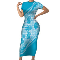 Hawaii Breadfruit Palaka Short Sleeve Bodycon Dress Polu Maile Lei - Polynesian Pride
