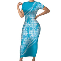 Hawaii Breadfruit Palaka Short Sleeve Bodycon Dress Polu Maile Lei LT9 Long Dress Blue - Polynesian Pride